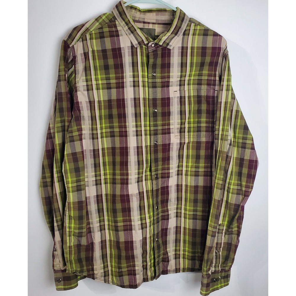 PrAna Shirt Mens Large Green Brown Plaid Black Pearl Snap Long Sleeve Western